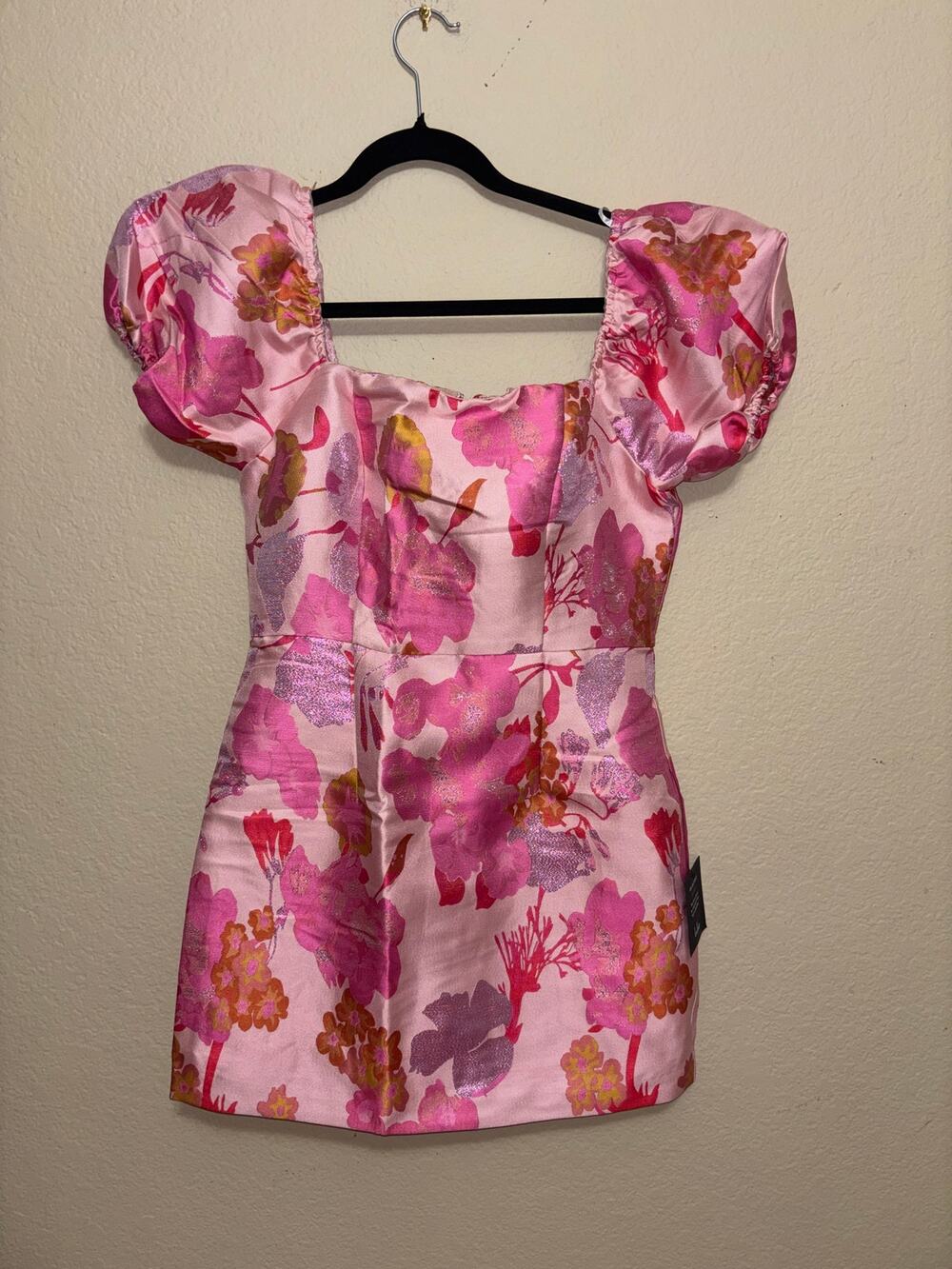 Lulus “So Stunning” Pink Multi Floral Jacquard Puff Sleeve Mini Dress